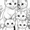 Five cute cartoon cats with large eyes are sitting among flowers, featuring distinct fur patterns in a black and white outline style.