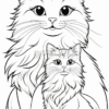 Two cartoon cats: a large fluffy cat with prominent whiskers and expressive eyes, sitting beside a smaller, similar cat with a playful expression.