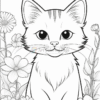 A cute cat with a friendly expression surrounded by various flowers in a coloring page style.