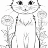 A cute, cartoon-style cat sits smiling among flowers, featuring a fluffy coat and large expressive eyes.