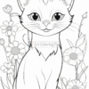 A cute, smiling cartoon cat sitting among flowers, with large expressive eyes and a detailed floral background.