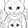 A detailed black-and-white illustration of a large cat and a smaller cat surrounded by daisies.