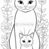 A large cat sits prominently with a smaller cat in front, both surrounded by flowers and foliage.