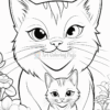 A large cat with a friendly expression sits in front of a smaller cat, surrounded by flowers in a coloring page style.