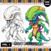 Alien monster coloring pages featuring a white alien and a colorful reptilian creature, suitable for a coloring book from artcoloringpage.com.
