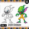 Coloring pages featuring an alien monster design, part of a coloring book series from artcoloringpage.com.