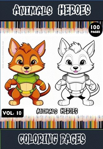 Characters from a coloring book titled "Animals Heroes," featuring a colorful fox and a white wolf in superhero attire, with a backdrop of colored pencils.