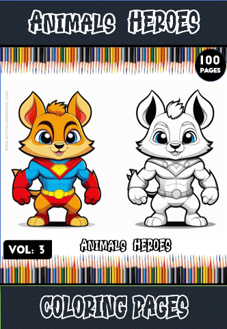 Coloring page featuring superhero animal characters from a free coloring book on artcoloringpage.com, titled "Animals Heroes."