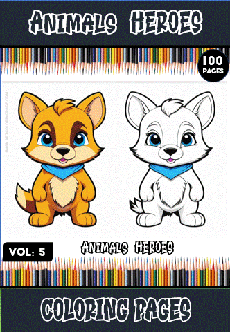 Two cute animal characters, one orange and one white, with blue scarves, featured on a coloring book cover for "Animals Heroes."