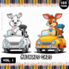 Two cartoon animals, a dog and a rabbit, are driving colorful cars on a coloring page, featuring a cozy coloring book theme.