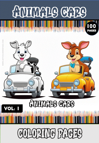 Two cartoon animals, a dog and a rabbit, are driving colorful cars on a coloring page, featuring a cozy coloring book theme.