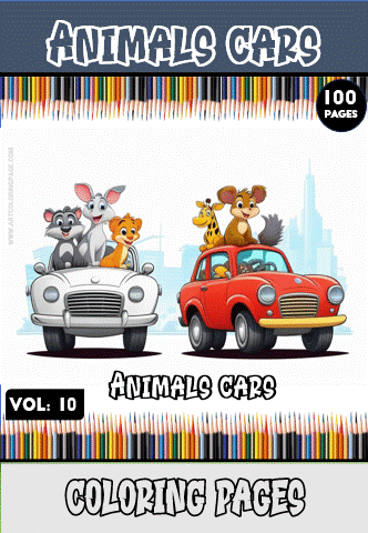 Colorful illustration of cute animals in cars, featured in a cozy coloring book with 100 pages from artcoloringpage.com.