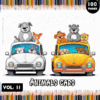 Coloring page featuring animals in cars, part of a cozy coloring book series from artcoloringpage.com, with 100 pages of cozy coloring pages.