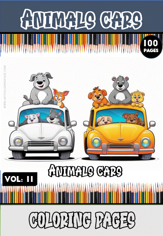 Coloring page featuring animals in cars, part of a cozy coloring book series from artcoloringpage.com, with 100 pages of cozy coloring pages.