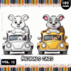Two cartoon animals driving colorful cars, with a title banner above indicating 