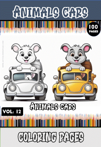 Two cartoon animals driving colorful cars, with a title banner above indicating "Animals Cars" and "100 Pages" for a cozy coloring book.