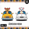Coloring page featuring cartoon animals in cars, promoting a cozy coloring book with 100 pages from artcoloringpage.com.
