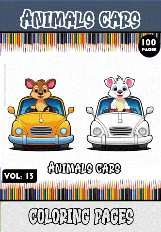 Coloring page featuring cartoon animals in cars, promoting a cozy coloring book with 100 pages from artcoloringpage.com.
