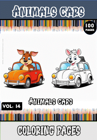 Coloring page featuring cartoon animals driving colorful cars, ideal for a cozy coloring book. Visit artcoloringpage.com for more cozy coloring pages.