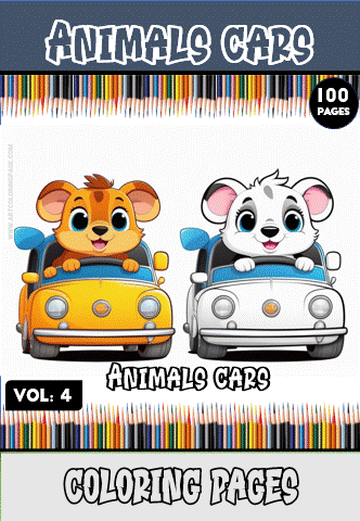 Cute cartoon animals in colorful cars featured on a cozy coloring pages cover, promoting artcoloringpage.com with 100 pages available.