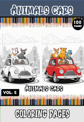 Coloring pages featuring animals in cars, with two versions in different colors, ideal for a cozy coloring book experience.