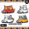 Four cartoon animals riding in colorful cars, part of a cozy coloring book series, ideal for cozy coloring pages. Visit artcoloringpage.com for more.