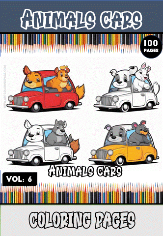 Four cartoon animals riding in colorful cars, part of a cozy coloring book series, ideal for cozy coloring pages. Visit artcoloringpage.com for more.