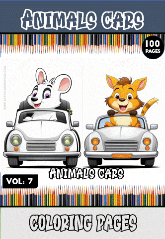 Two cartoon animals in cars, one a mouse and the other a cat, with a colorful pencil border. Download at artcoloringpage.com for cozy coloring book pages.