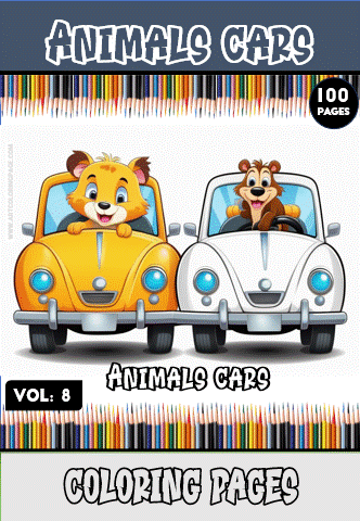 Two cartoon animals, a tiger and a bear, are happily driving colorful cars on a coloring book cover for "Animals Cars," Volume 8.