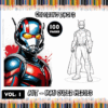 Coloring page featuring superhero characters, includes text about a coloring book with 100 pages from artcoloringpage.com for free coloring pages.