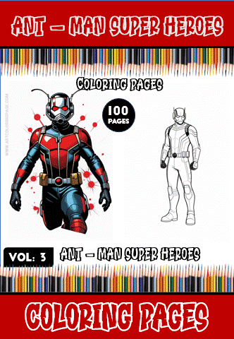 Coloring page featuring superhero Ant-Man, part of a series with 100 pages available for free at artcoloringpage.com.