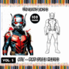 Coloring book cover featuring Ant-Man superheroes, with vibrant colors on one side and a black-and-white coloring page on the other. For free coloring pages, visit artcoloringpage.com.