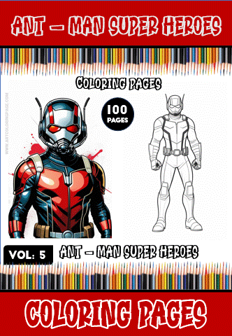 Coloring book cover featuring Ant-Man superheroes, with vibrant colors on one side and a black-and-white coloring page on the other. For free coloring pages, visit artcoloringpage.com.