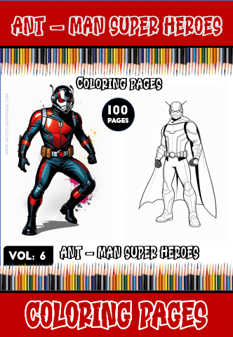 Coloring book cover featuring superhero designs, labeled "Ant - Man Super Heroes," with "100 Pages" and promotional text for free coloring pages from artcoloringpage.com.