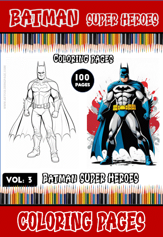 Batman coloring pages featuring two illustrations of the character; one in outlined form and another in a colored style, with references to a coloring book and free coloring pages.