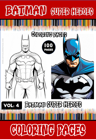 Batman coloring pages featuring a superhero design, promoting a coloring book with 100 pages available for free on artcoloringpage.com.
