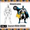 Batman coloring page featuring a line art illustration of Batman on the left and a colored version on the right, with 