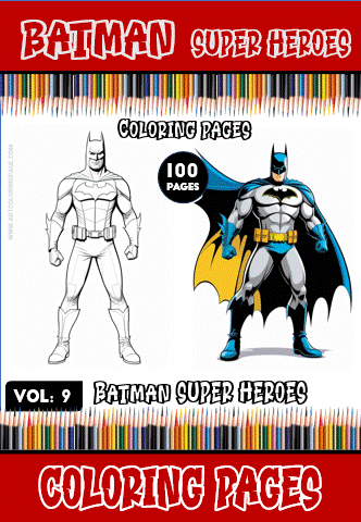 Batman coloring page featuring a line art illustration of Batman on the left and a colored version on the right, with "100 PAGES" and "VOL. 9" text, related to artcoloringpage.com and free coloring pages.