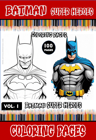 Batman coloring pages featuring two distinct styles on the cover of a coloring book with 100 free coloring pages from artcoloringpage.com.