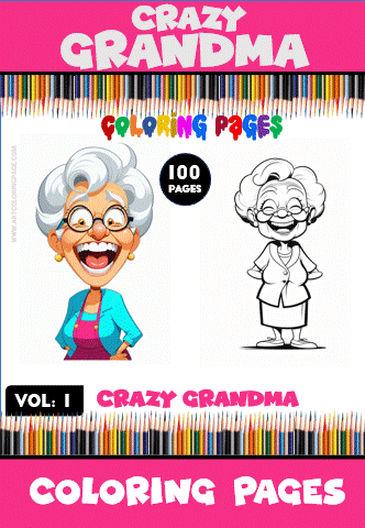 Cover for a coloring book titled 'Crazy Grandma Coloring Pages,' featuring a colorful illustration of a cheerful cartoon grandmother with gray hair and glasses on the left. The right side shows a black and white outline version of the same character, with a vibrant pink background and colored pencil graphics at the top.