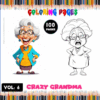 Cover of a coloring book titled 'Crazy Grandma'. It features a cartoon illustration of a smiling elderly woman with glasses, wearing a turquoise cardigan and a yellow dress. The background is decorated with colorful pencils, and the text indicates that this is volume 6 with 100 pages of coloring content.