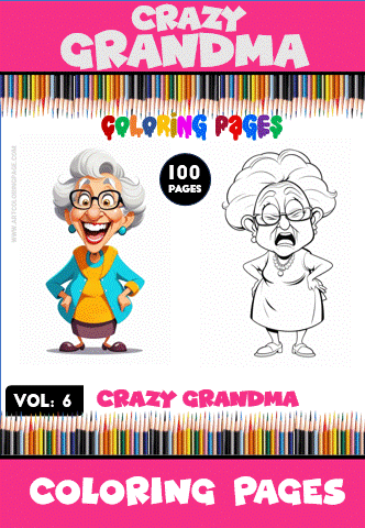 Cover of a coloring book titled 'Crazy Grandma'. It features a cartoon illustration of a smiling elderly woman with glasses, wearing a turquoise cardigan and a yellow dress. The background is decorated with colorful pencils, and the text indicates that this is volume 6 with 100 pages of coloring content.