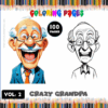 Cover of a coloring book titled 'Crazy Grandpa' with colorful pencils border, featuring a cartoonish grandpa character on the left and a line art version of the same character on the right. The book contains 100 pages and is labeled as 'Vol. 2'.