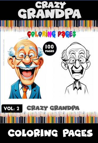 Cover of a coloring book titled 'Crazy Grandpa' with colorful pencils border, featuring a cartoonish grandpa character on the left and a line art version of the same character on the right. The book contains 100 pages and is labeled as 'Vol. 2'.