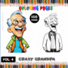 Cover of a coloring book titled 'Crazy Grandpa' featuring two illustrations of a grandpa character: one is a colorful cartoon with glasses and a goofy smile, wearing an orange vest and a light blue shirt, while the other is a simple black and white line drawing of the same character in a formal outfit. The background has colorful pencil graphics and the text indicates it's volume 4 with 100 pages of coloring pages.