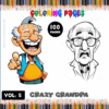 Cover of a coloring book titled 'Crazy Grandpa' featuring two cartoon illustrations of grandpas: one with a big smile and colorful attire, and another with a serious expression and glasses. The design includes colorful text and pencil graphics in the background, indicating it contains 100 pages of coloring pages.