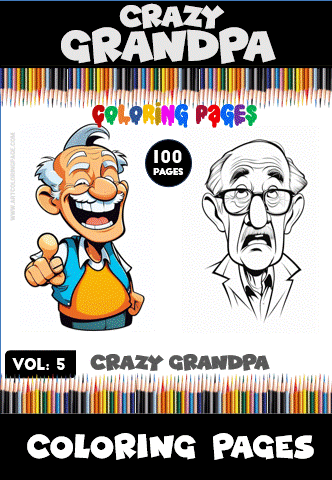 Cover of a coloring book titled 'Crazy Grandpa' featuring two cartoon illustrations of grandpas: one with a big smile and colorful attire, and another with a serious expression and glasses. The design includes colorful text and pencil graphics in the background, indicating it contains 100 pages of coloring pages.