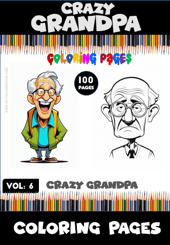 A colorful cover for a coloring book titled 'Crazy Grandpa' featuring two cartoon-style illustrations of an elderly man: one with a joyful expression, glasses, and a colorful jacket, and the other with a more subdued, serious appearance.