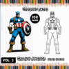 Captain America coloring page from a coloring book with a colored and a black-and-white version, featuring the title and 