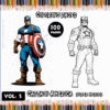 Captain America coloring page from a coloring book featuring both a colored and outline version, promoting free coloring pages at artcoloringpage.com.